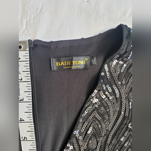 Gatsby Flapper Dress 1920s Inspired Black Fringe W/ Shimmer Sequin, Vintage Glam - Picture 6 of 12